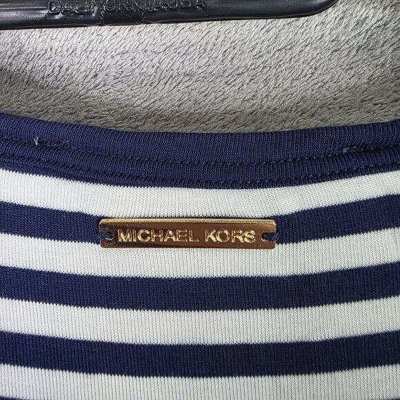 Womens Michael Kors Navy & White Striped Shirt Long Sleeve Round Neck Viscose M - Picture 6 of 9